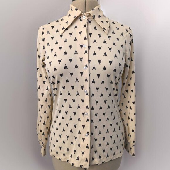 vintage cream 70s disco secretary blouse with black cat print - Picture 1 of 7